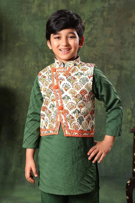 Littlecheer Green Satin, Viscose, Gota Patti, Printed Nehru Jacket Kurta Set Online at Aza Fashions Littlecheer_Green Satin, Viscose, Gota Patti, Printed Nehru Jacket Kurta Set _Online_at_Aza_Fashions