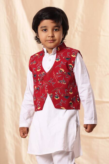 Shop_Littlecheer_White Viscose, , Satin Floral Work Kurta Set With Jacket _Online_at_Aza_Fashions