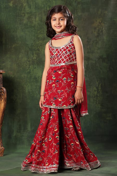 Littlecheer Red Viscose, Cotton, Chiffon Mirrors, Gota Patti Embroidered Border Kurta Set Online at Aza Fashions Littlecheer_Red Viscose, Cotton, Chiffon Mirrors, Gota Patti Embroidered Border Kurta Set _Online_at_Aza_Fashions