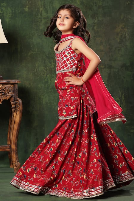 Shop Littlecheer Red Viscose, Cotton, Chiffon Mirrors, Gota Patti Embroidered Border Kurta Set Online at Aza Fashions Shop_Littlecheer_Red Viscose, Cotton, Chiffon Mirrors, Gota Patti Embroidered Border Kurta Set _Online_at_Aza_Fashions