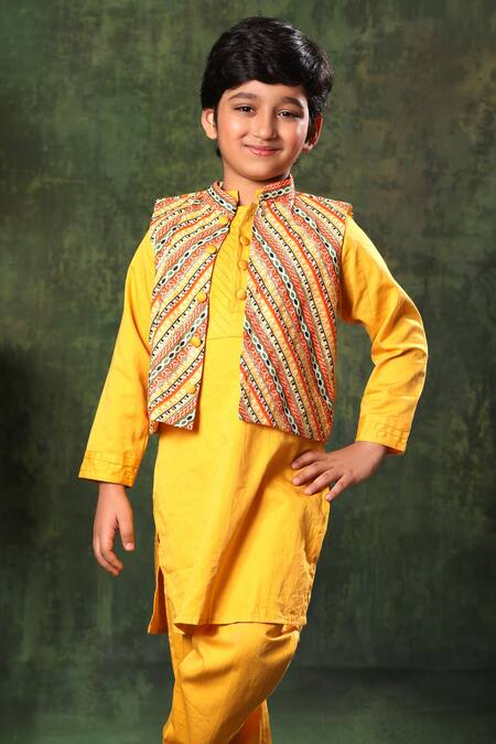Littlecheer Yellow Satin, Viscose, Gota Embellished Nehru Jacket Kurta Set Online at Aza Fashions Littlecheer_Yellow Satin, Viscose, Gota Embellished Nehru Jacket Kurta Set _Online_at_Aza_Fashions