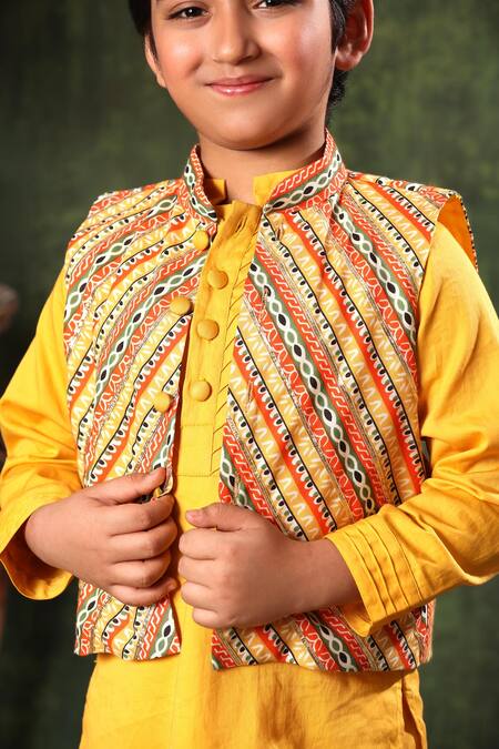 Buy Littlecheer Yellow Satin, Viscose, Gota Embellished Nehru Jacket Kurta Set Online at Aza Fashions Buy_Littlecheer_Yellow Satin, Viscose, Gota Embellished Nehru Jacket Kurta Set _Online_at_Aza_Fashions