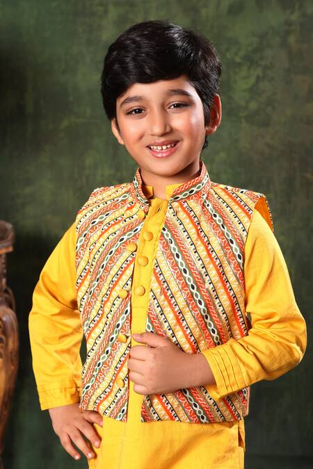 Shop Littlecheer Yellow Satin, Viscose, Gota Embellished Nehru Jacket Kurta Set Online at Aza Fashions Shop_Littlecheer_Yellow Satin, Viscose, Gota Embellished Nehru Jacket Kurta Set _Online_at_Aza_Fashions