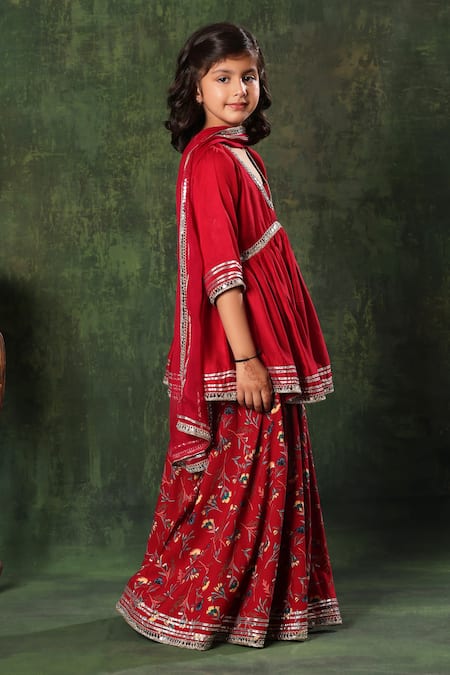 Buy_Littlecheer_Red Modal, Viscose, Chiffon, Cotton Embellished Peplum Kurta Palazzo Set _Online_at_Aza_Fashions
