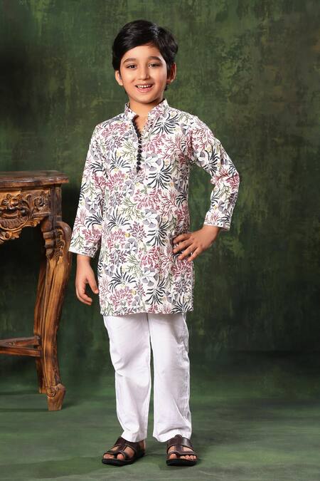 Littlecheer White Viscose, Cotton Satin Gota Patti Floral Print Kurta And Pyjama Set Online at Aza Fashions Littlecheer_White Viscose, Cotton Satin Gota Patti Floral Print Kurta And Pyjama Set _Online_at_Aza_Fashions