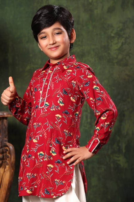 Shop_Littlecheer_Red Viscose, Cotton Satin Floral Print Kurta And Salwar Set _Online_at_Aza_Fashions
