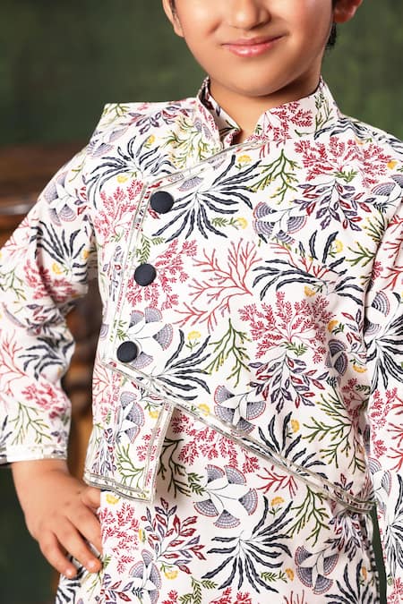 Shop_Littlecheer_White Viscose, , Printed Kurta Set With Asymmetric Panel Jacket _Online_at_Aza_Fashions