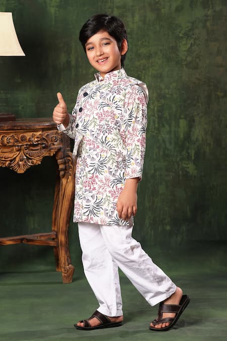 Littlecheer_White Viscose, , Printed Kurta Set With Asymmetric Panel Jacket _at_Aza_Fashions