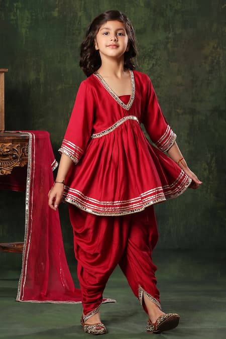 Littlecheer Red Viscose, Chiffon Mirrors, Gota Work Embellished Kurta Patiala Salwar Set Online at Aza Fashions Littlecheer_Red Viscose, Chiffon Mirrors, Gota Work Embellished Kurta Patiala Salwar Set _Online_at_Aza_Fashions