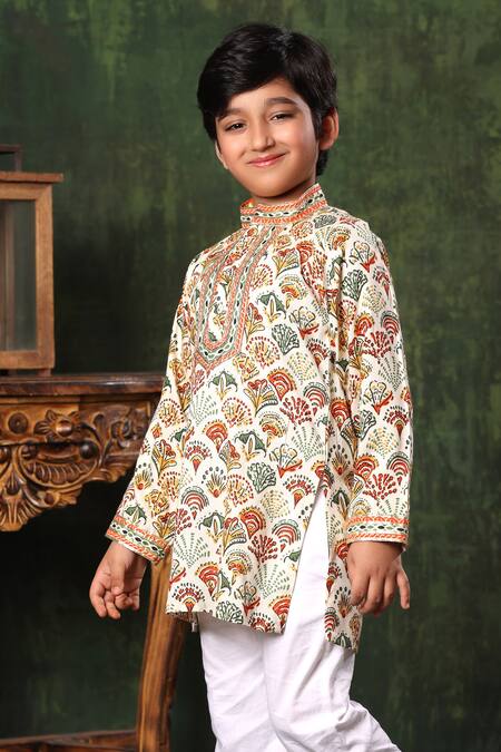 Littlecheer_Multi Color Viscose, , Satin Geometric Print Kurta And Pyjama Set _Online_at_Aza_Fashions