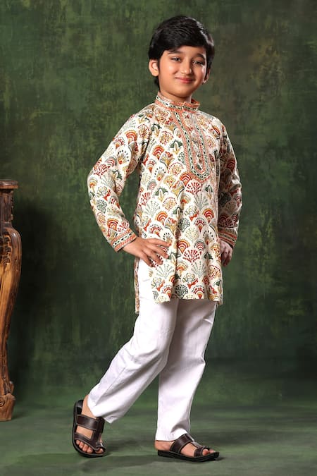 Buy_Littlecheer_Multi Color Viscose, , Satin Geometric Print Kurta And Pyjama Set _Online_at_Aza_Fashions