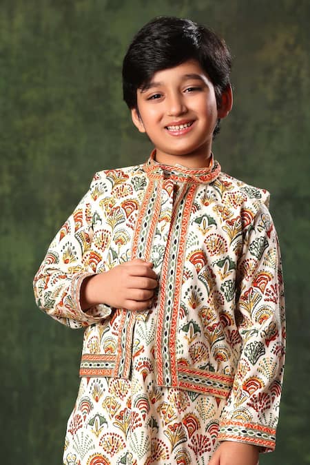 Littlecheer_Multi Color Viscose, , Geometric Print Nehru Jacket And Kurta Set _Online_at_Aza_Fashions