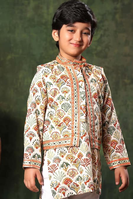 Buy_Littlecheer_Multi Color Viscose, , Geometric Print Nehru Jacket And Kurta Set _Online_at_Aza_Fashions