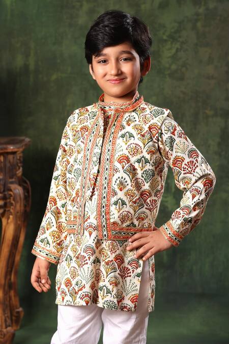 Shop_Littlecheer_Multi Color Viscose, , Geometric Print Nehru Jacket And Kurta Set _Online_at_Aza_Fashions