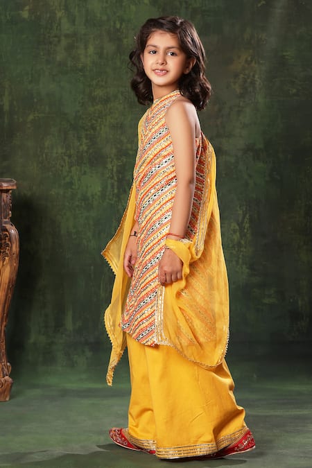 Shop Littlecheer Multi Color Viscose, Satin, Chiffon Lace Stripe Print Straight Kurta Palazzo Set Online at Aza Fashions Shop_Littlecheer_Multi Color Viscose, Satin, Chiffon Lace Stripe Print Straight Kurta Palazzo Set _Online_at_Aza_Fashions