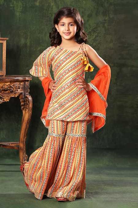 Littlecheer Multi Color Viscose, Chiffon, Printed Stripes One Shoulder Kurta Sharara Set Online at Aza Fashions Littlecheer_Multi Color Viscose, Chiffon, Printed Stripes One Shoulder Kurta Sharara Set _Online_at_Aza_Fashions
