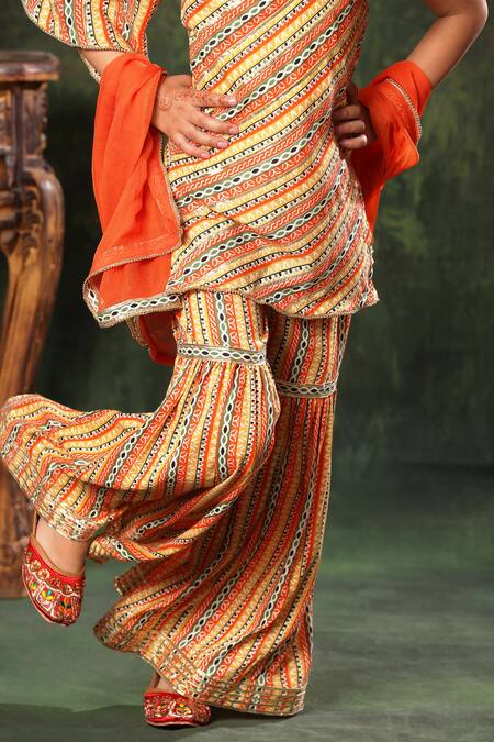 Buy Littlecheer Multi Color Viscose, Chiffon, Printed Stripes One Shoulder Kurta Sharara Set Online at Aza Fashions Buy_Littlecheer_Multi Color Viscose, Chiffon, Printed Stripes One Shoulder Kurta Sharara Set _Online_at_Aza_Fashions