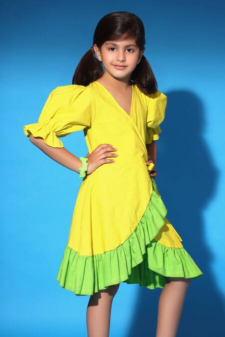 Littlecheer Yellow Cotton Color Blocked And Overlapped Dress Online at Aza Fashions Littlecheer_Yellow Cotton Color Blocked And Overlapped Dress _Online_at_Aza_Fashions