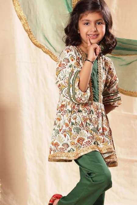 Buy_Littlecheer_White Viscose, Chiffon Gota Patti, Embroidery Fit And Flare Frock Kurta Pant Set _Online_at_Aza_Fashions