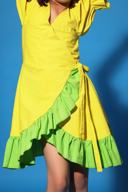 Shop Littlecheer Yellow Cotton Color Blocked And Overlapped Dress Online at Aza Fashions Shop_Littlecheer_Yellow Cotton Color Blocked And Overlapped Dress _Online_at_Aza_Fashions