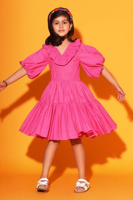 Buy Littlecheer Pink Cotton Ruffles Balloon Sleeve Tiered Dress Online at Aza Fashions Buy_Littlecheer_Pink Cotton Ruffles Balloon Sleeve Tiered Dress _Online_at_Aza_Fashions
