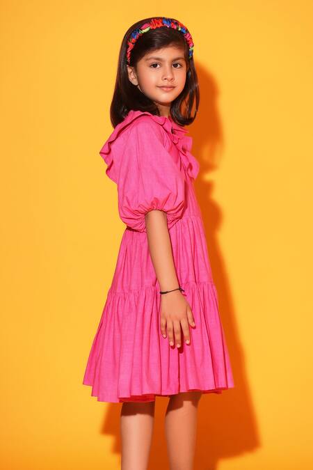 Shop Littlecheer Pink Cotton Ruffles Balloon Sleeve Tiered Dress Online at Aza Fashions Shop_Littlecheer_Pink Cotton Ruffles Balloon Sleeve Tiered Dress _Online_at_Aza_Fashions