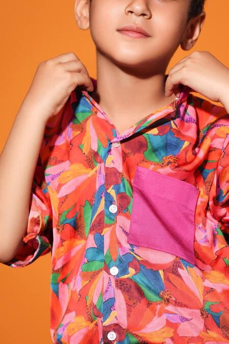 Littlecheer_Multi Color Viscose, Satin Floral Print Roll-up Sleeve Shirt _Online_at_Aza_Fashions