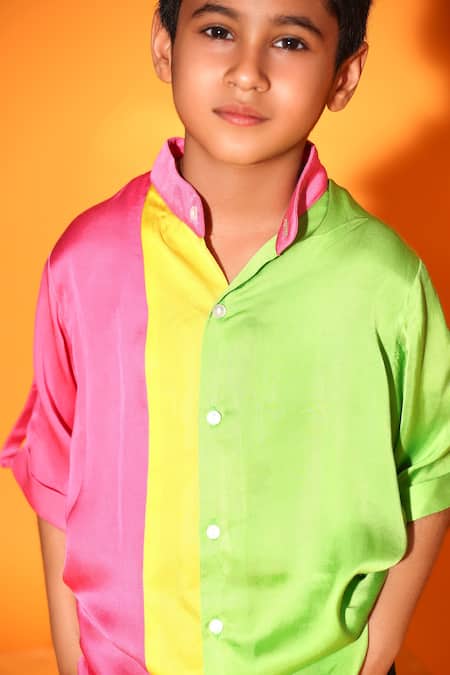 Littlecheer_Green Viscose, Satin Color Blocked Band Collar Shirt _Online_at_Aza_Fashions
