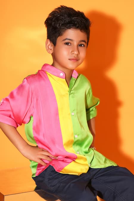 Buy_Littlecheer_Green Viscose, Satin Color Blocked Band Collar Shirt _Online_at_Aza_Fashions