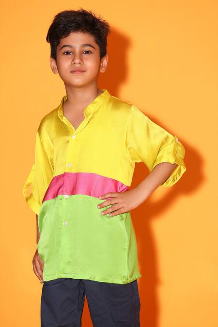 Littlecheer Multi Color Viscose, Satin Front Buttoned Band Collar Shirt Online at Aza Fashions Littlecheer_Multi Color Viscose, Satin Front Buttoned Band Collar Shirt _Online_at_Aza_Fashions