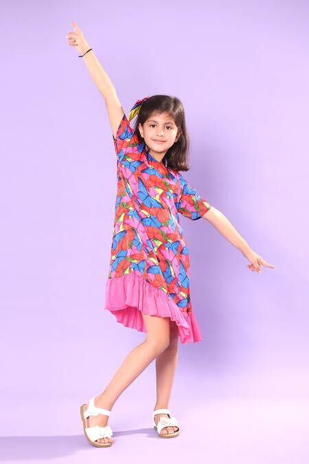 Buy_Littlecheer_Multi Color Viscose, Satin Butterfly Print Tiered Dress _Online_at_Aza_Fashions