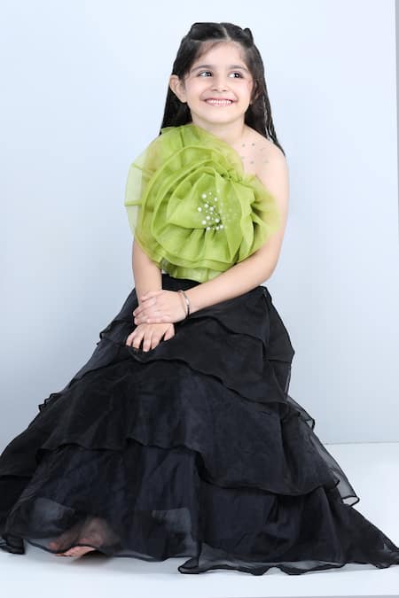 The Little Celebs_Black Silk, Organza, Satin Applique, Pearls Layered Lehenga And Blouse Set _at_Aza_Fashions