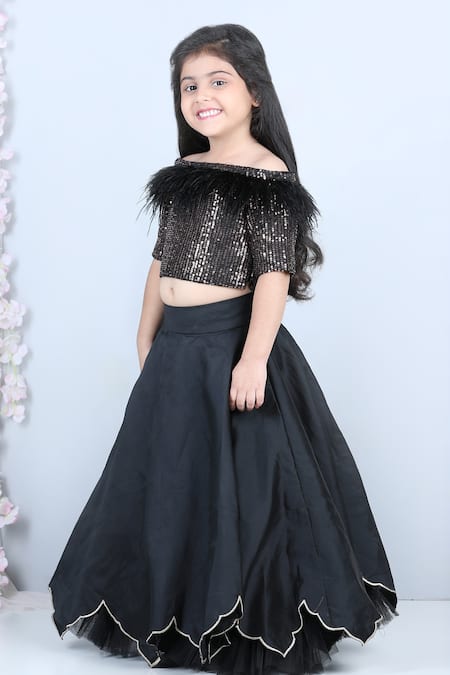 Shop_The Little Celebs_Black Silk, Net, Crepe Sequins Embroidered Blouse And Lehenga Set _Online_at_Aza_Fashions