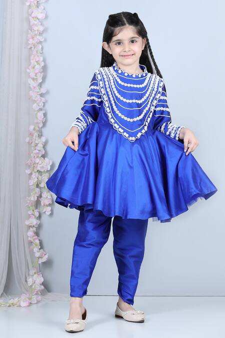 The Little Celebs_Blue Silk, Crepe Pearls Embroidered Kurta And Pant Set _Online_at_Aza_Fashions