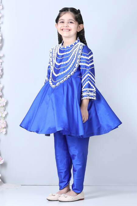 Shop_The Little Celebs_Blue Silk, Crepe Pearls Embroidered Kurta And Pant Set _Online_at_Aza_Fashions