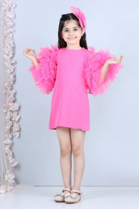 The Little Celebs_Pink Crepe Round Neck Dress _Online_at_Aza_Fashions