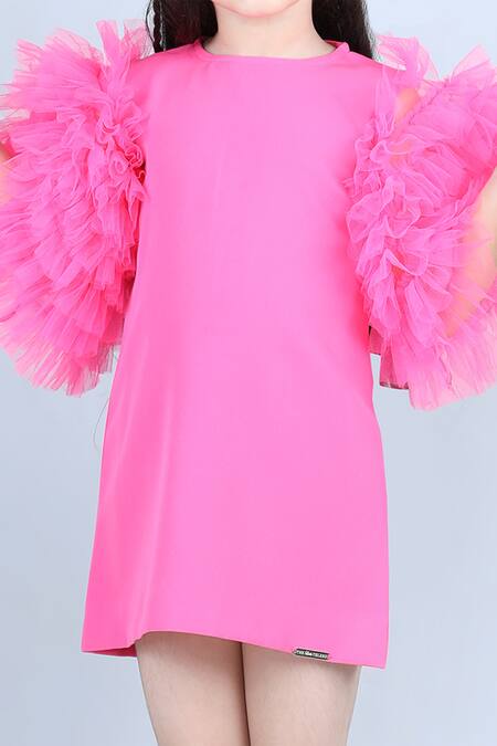 The Little Celebs_Pink Crepe Round Neck Dress _at_Aza_Fashions