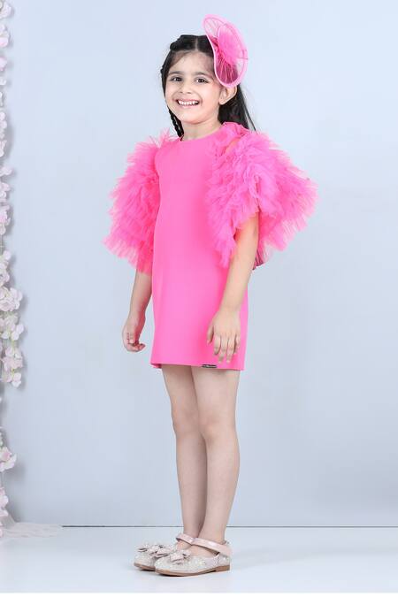 Shop_The Little Celebs_Pink Crepe Round Neck Dress _Online_at_Aza_Fashions