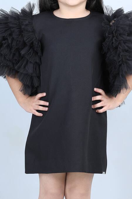 The Little Celebs Black Crepe Short Dress With Frill Sleeves at Aza Fashions The Little Celebs_Black Crepe Short Dress With Frill Sleeves _at_Aza_Fashions