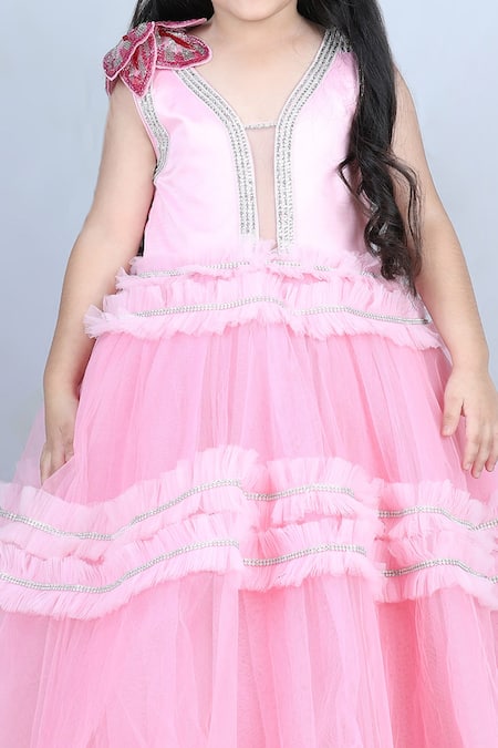 The Little Celebs_Pink Net, Satin Embroidery, Stones Swarovski Placket Dress _at_Aza_Fashions