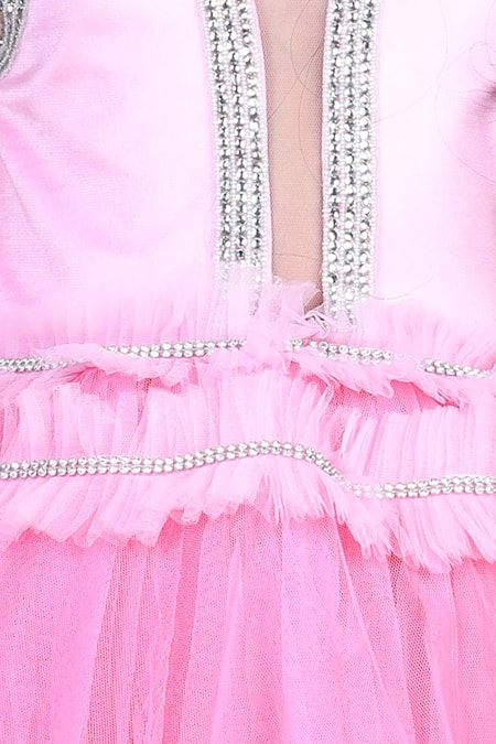 The Little Celebs_Pink Net, Satin Embroidery, Stones Swarovski Placket Dress _Online_at_Aza_Fashions