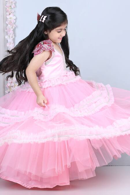 Buy_The Little Celebs_Pink Net, Satin Embroidery, Stones Swarovski Placket Dress _Online_at_Aza_Fashions