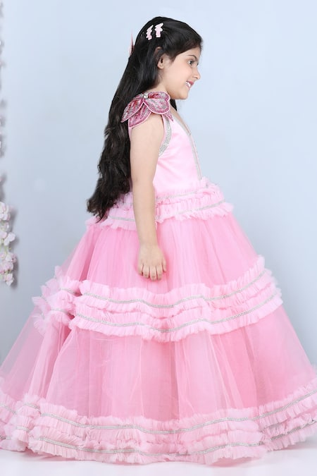 Shop_The Little Celebs_Pink Net, Satin Embroidery, Stones Swarovski Placket Dress _Online_at_Aza_Fashions