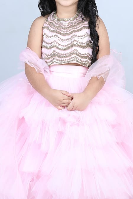 The Little Celebs_Pink Net, Satin Sequins, Metallic Thread, Mirrors Halter Neck Blouse Skirt Set _at_Aza_Fashions