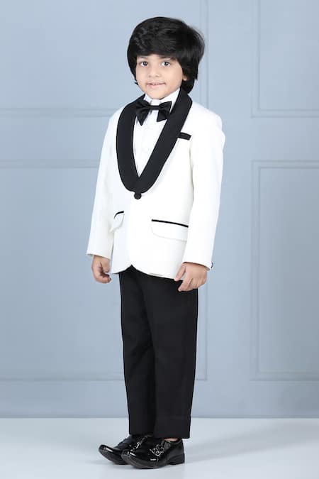 Shop_The Little Celebs_White Crepe, Satin Full Sleeved Tuxedo Set _Online_at_Aza_Fashions