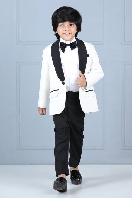 The Little Celebs_White Crepe, Satin Full Sleeved Tuxedo Set _at_Aza_Fashions