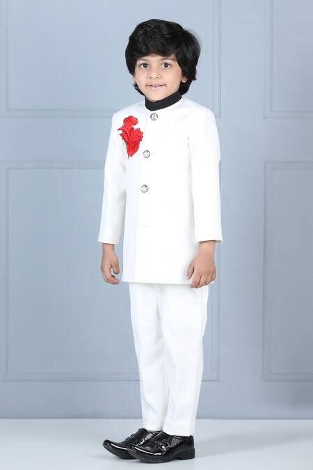 The Little Celebs_White Crepe, Satin Embroidery Thread Achkan And Pant Set _Online_at_Aza_Fashions
