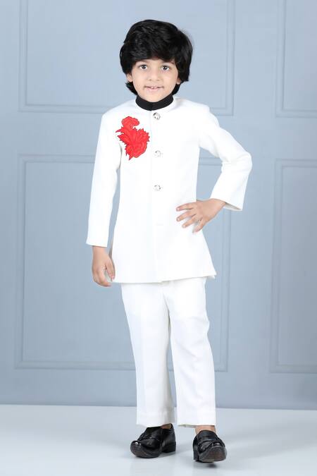Shop_The Little Celebs_White Crepe, Satin Embroidery Thread Achkan And Pant Set _Online_at_Aza_Fashions