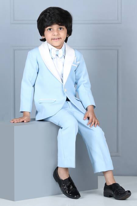 Shop_The Little Celebs_Blue Crepe, Satin, Cotton Ice Shawl Lapel Tuxedo Set _Online_at_Aza_Fashions