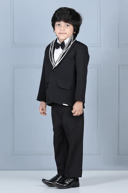 The Little Celebs_Black Crepe, Satin Solid Tuxedo Set _Online_at_Aza_Fashions
